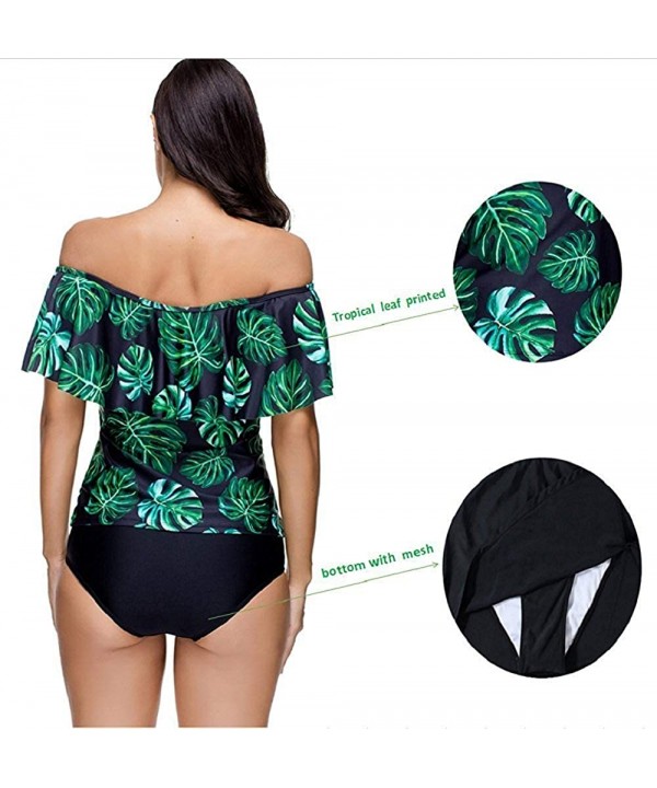 Women Bathing Suit Off Shoulder Flounce Swimsuit Leaves Printing Tankini Set Ladies Swimwear - Dark Green - C818DH6AQ27 $14.6...