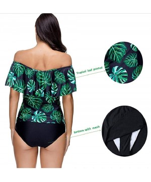 Women Bathing Suit Off Shoulder Flounce Swimsuit Leaves Printing Tankini Set Ladies Swimwear - Dark Green - C818DH6AQ27 $14.6...