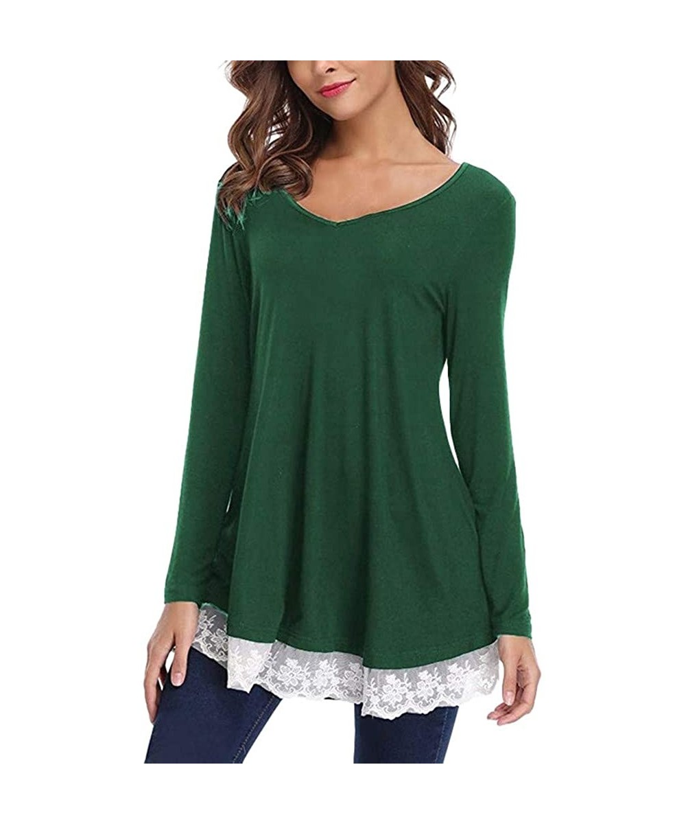 Blouses for Womens- Women Casual Long Sleeve Loose Lace Hem Tops Tunic Blouses - Green - C218N0QAX4O $17.68-Bottoms