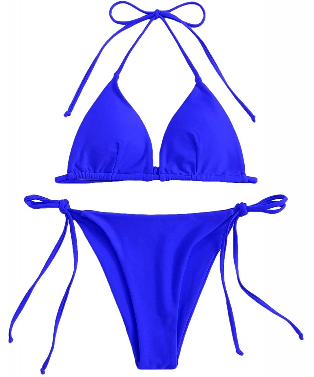 Women's 2 Pieces Solid Drawstring Halter Top with Tie Side Bikini Set - 1-blue - CD18AZSRMHE $15.10-Sets