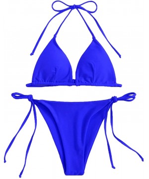 Women's 2 Pieces Solid Drawstring Halter Top with Tie Side Bikini Set - 1-blue - CD18AZSRMHE $15.10-Sets