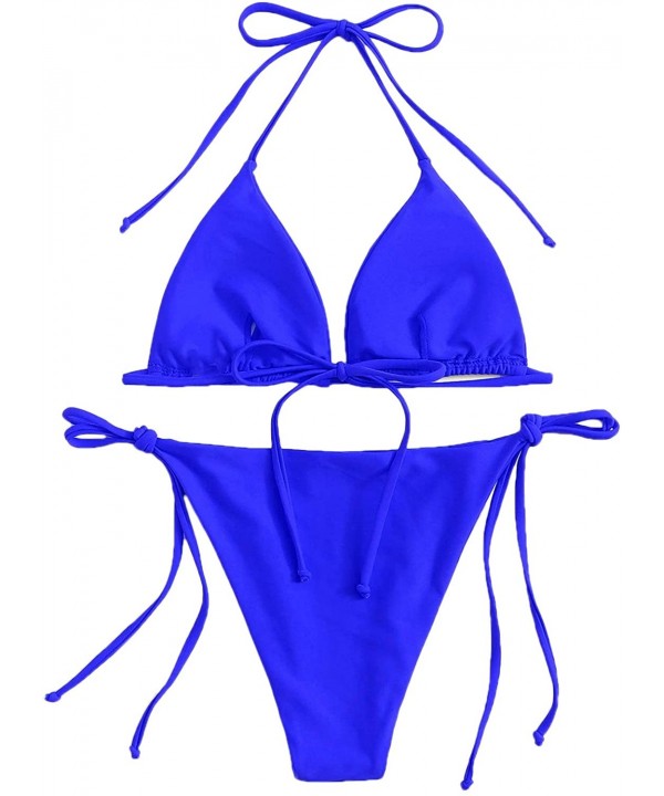 Women's 2 Pieces Solid Drawstring Halter Top with Tie Side Bikini Set - 1-blue - CD18AZSRMHE $15.10-Sets