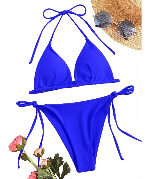 Women's 2 Pieces Solid Drawstring Halter Top with Tie Side Bikini Set - 1-blue - CD18AZSRMHE $15.10-Sets