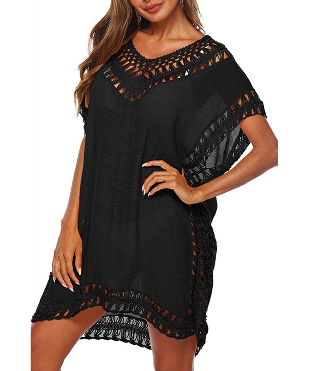 Swimsuit Cover Ups for Women Mesh Beach Cover Ups Crochet Chiffon Tassel Bathing Suit Bikini Wear Coverups Dress - Plus-black...