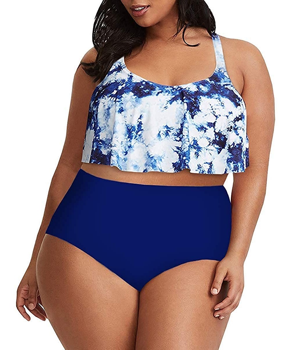 Womens Plus Size Swimwear Floral Print Ruffle Peplum 2 Piece Swimsuits Straps Backless Bikini Bathing Suits Z blue 2 - CF196N...