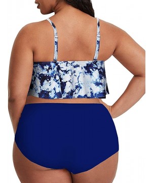 Womens Plus Size Swimwear Floral Print Ruffle Peplum 2 Piece Swimsuits Straps Backless Bikini Bathing Suits Z blue 2 - CF196N...