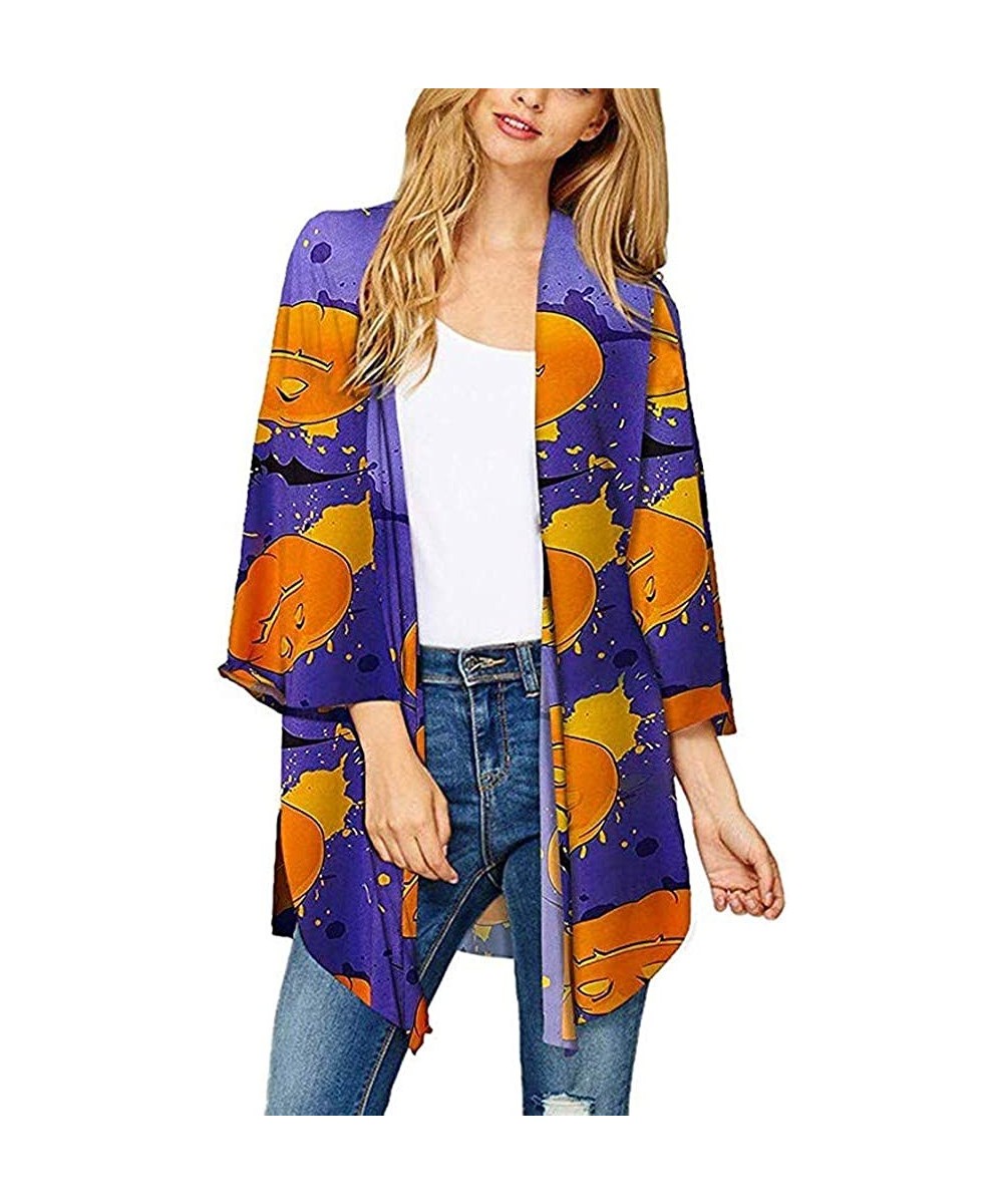 Floral Cover Up Cardigan Loose Kimono for Women Casual Tops Blouse Capes - Halloween Purple - CR18YSYAYXA $12.64-Cover-Ups