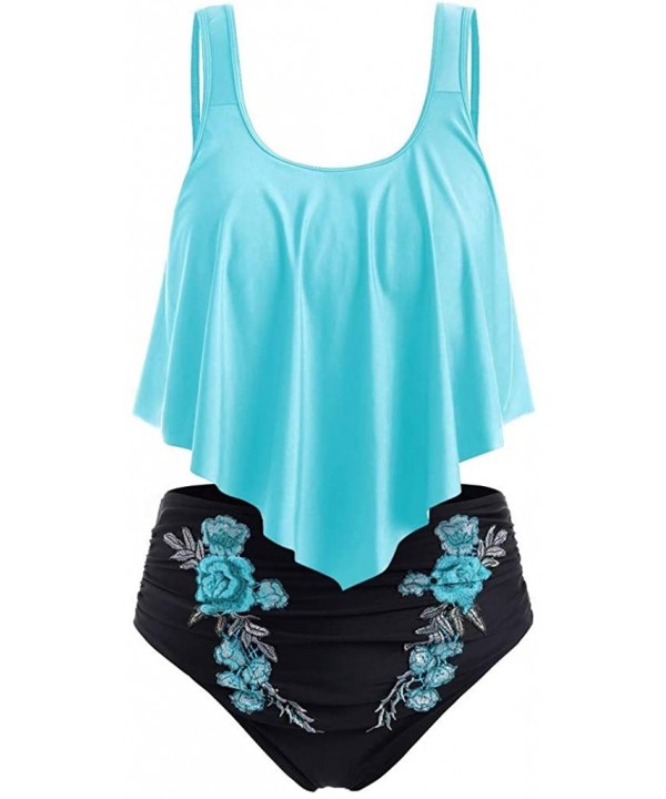 Embroidery Bikini Swimsuit Wire Free Women Tankini Sexy Bathing Suit - Sky Blue - CU18W6DZWW3 $20.19-Sets