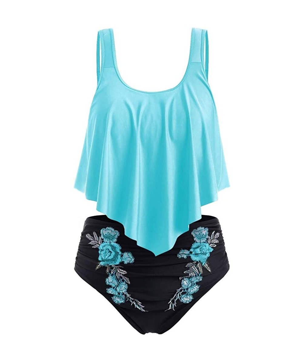 Embroidery Bikini Swimsuit Wire Free Women Tankini Sexy Bathing Suit - Sky Blue - CU18W6DZWW3 $20.19-Sets