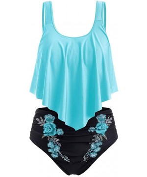 Embroidery Bikini Swimsuit Wire Free Women Tankini Sexy Bathing Suit - Sky Blue - CU18W6DZWW3 $20.19-Sets