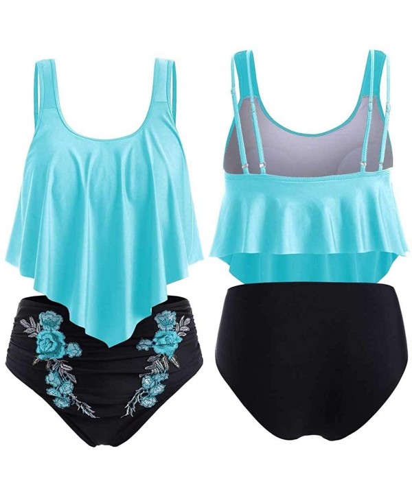 Embroidery Bikini Swimsuit Wire Free Women Tankini Sexy Bathing Suit - Sky Blue - CU18W6DZWW3 $20.19-Sets