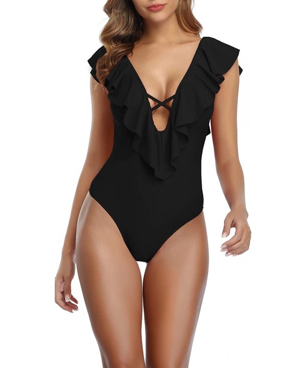 Women's One Piece Swimsuit Deep V-Neck Ruffle Monokini Swimwear Padded Bathing Suit - A-black - CL193WUW8MK $20.77-One-Pieces