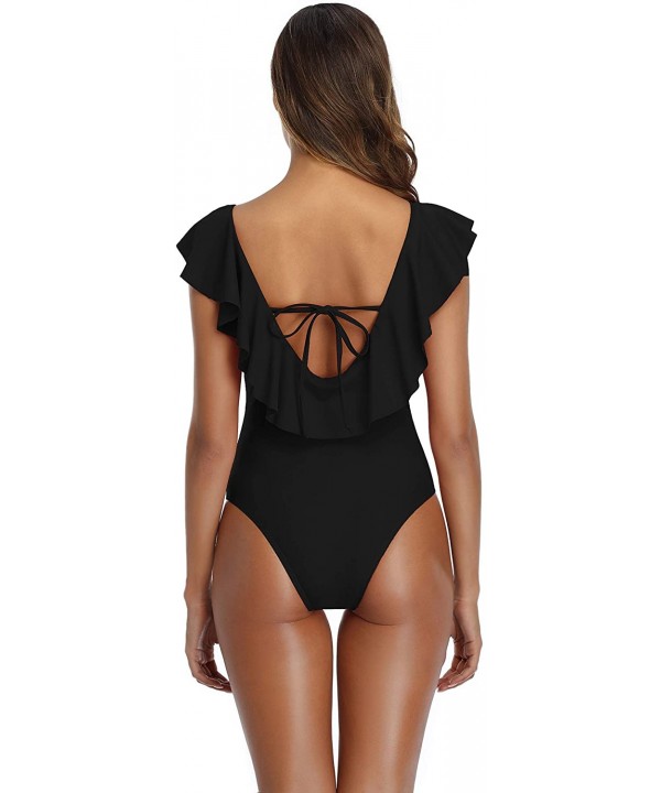 Women's One Piece Swimsuit Deep V-Neck Ruffle Monokini Swimwear Padded Bathing Suit - A-black - CL193WUW8MK $20.77-One-Pieces