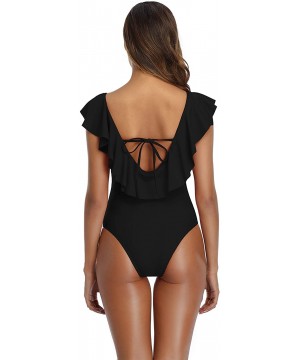 Women's One Piece Swimsuit Deep V-Neck Ruffle Monokini Swimwear Padded Bathing Suit - A-black - CL193WUW8MK $20.77-One-Pieces