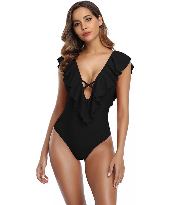 Women's One Piece Swimsuit Deep V-Neck Ruffle Monokini Swimwear Padded Bathing Suit - A-black - CL193WUW8MK $20.77-One-Pieces