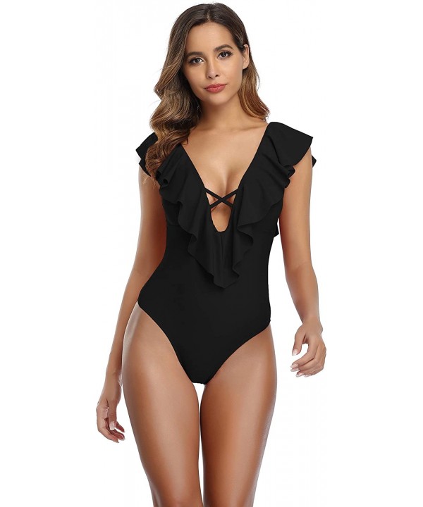 Women's One Piece Swimsuit Deep V-Neck Ruffle Monokini Swimwear Padded Bathing Suit - A-black - CL193WUW8MK $20.77-One-Pieces