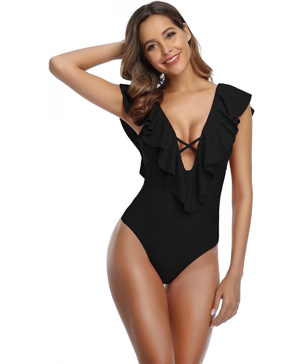 Women's One Piece Swimsuit Deep V-Neck Ruffle Monokini Swimwear Padded Bathing Suit - A-black - CL193WUW8MK $20.77-One-Pieces