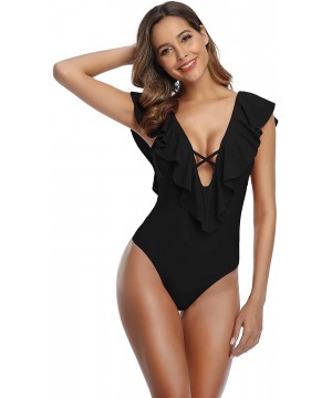 Women's One Piece Swimsuit Deep V-Neck Ruffle Monokini Swimwear Padded Bathing Suit - A-black - CL193WUW8MK $20.77-One-Pieces