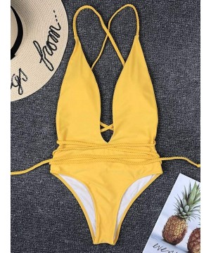 Womens Sexy Deep V Neck High Waist Multi-Way Bandage One Piece Swimsuits Swimwear - Yellow - CN18ROSAHE4 $16.48-Sets