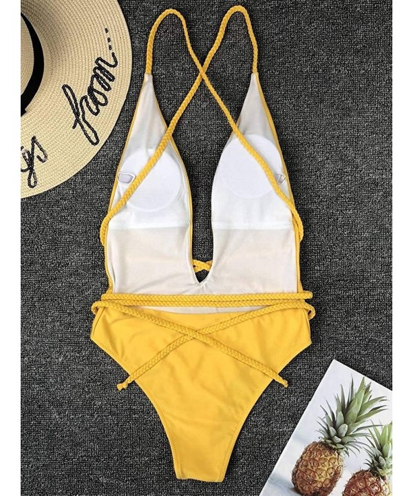 Womens Sexy Deep V Neck High Waist Multi-Way Bandage One Piece Swimsuits Swimwear - Yellow - CN18ROSAHE4 $16.48-Sets