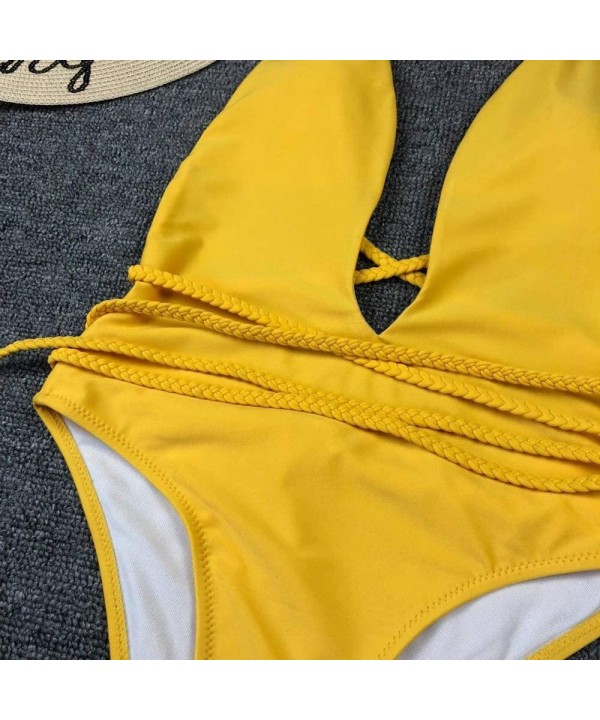 Womens Sexy Deep V Neck High Waist Multi-Way Bandage One Piece Swimsuits Swimwear - Yellow - CN18ROSAHE4 $16.48-Sets