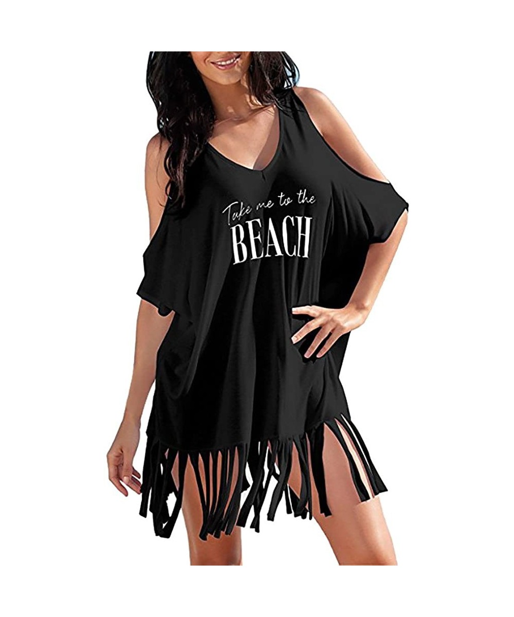 Women Summer Skirts Loose Tassel Letters Print Strapless Swimwear Bikini Smock Cover-UPS Beach Mini Dress - Black - CX18C57M0...