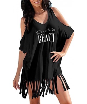 Women Summer Skirts Loose Tassel Letters Print Strapless Swimwear Bikini Smock Cover-UPS Beach Mini Dress - Black - CX18C57M0...