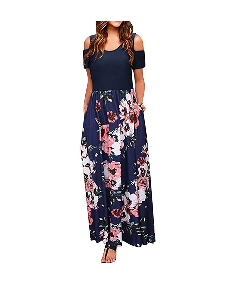 Women Casual Dresses Womens Elegant O Neck Floral Printed Maxi Dress Short Sleeve Cocktail Party Long Dress Navy - C418DYI76N...