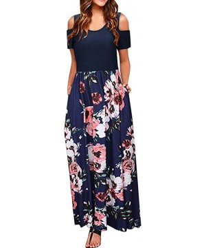 Women Casual Dresses Womens Elegant O Neck Floral Printed Maxi Dress Short Sleeve Cocktail Party Long Dress Navy - C418DYI76N...