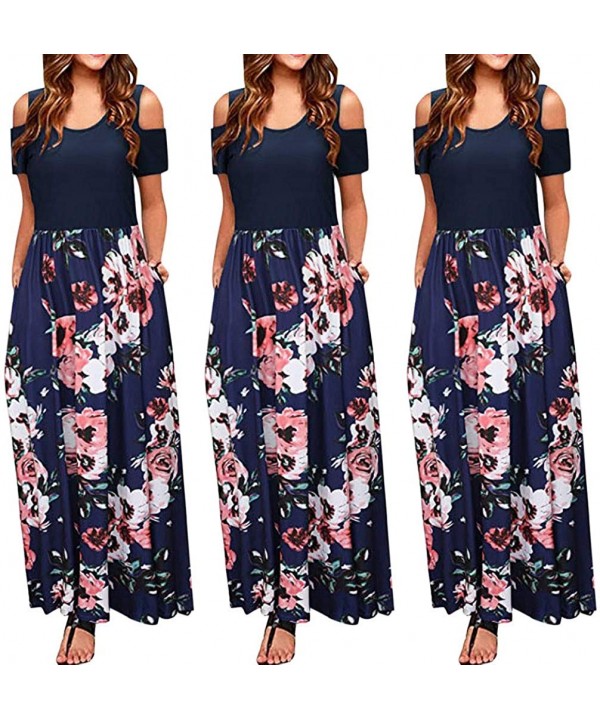 Women Casual Dresses Womens Elegant O Neck Floral Printed Maxi Dress Short Sleeve Cocktail Party Long Dress Navy - C418DYI76N...