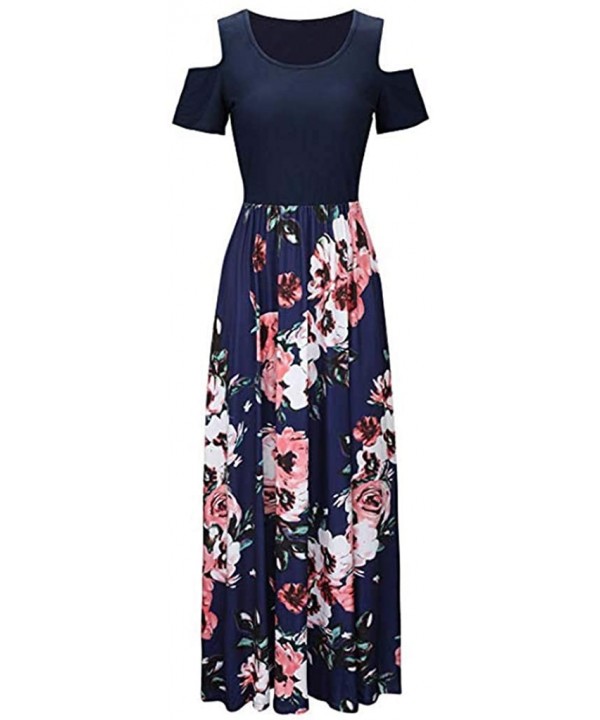 Women Casual Dresses Womens Elegant O Neck Floral Printed Maxi Dress Short Sleeve Cocktail Party Long Dress Navy - C418DYI76N...