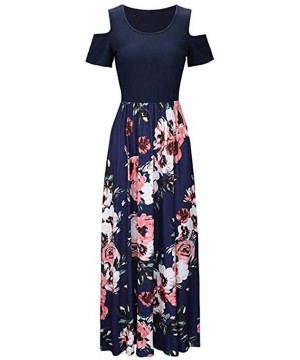 Women Casual Dresses Womens Elegant O Neck Floral Printed Maxi Dress Short Sleeve Cocktail Party Long Dress Navy - C418DYI76N...