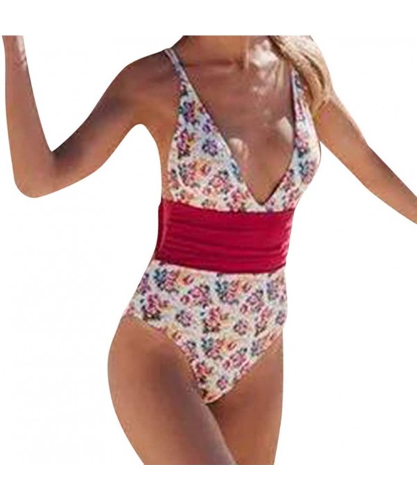 Monokini Swimsuits for Women Fashion Deep V Neck One Piece Printed Ruffle Edge Bathing Suits Sexy Beachwear Z1 red - CI19CG4Y...