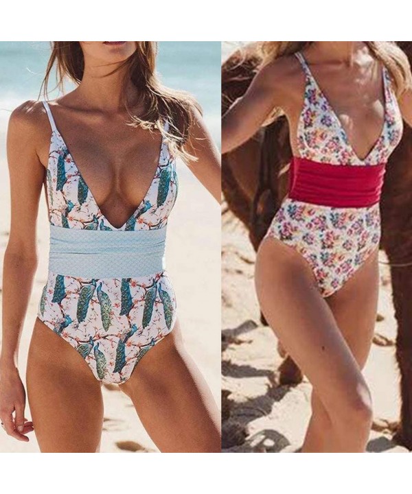 Monokini Swimsuits for Women Fashion Deep V Neck One Piece Printed Ruffle Edge Bathing Suits Sexy Beachwear Z1 red - CI19CG4Y...