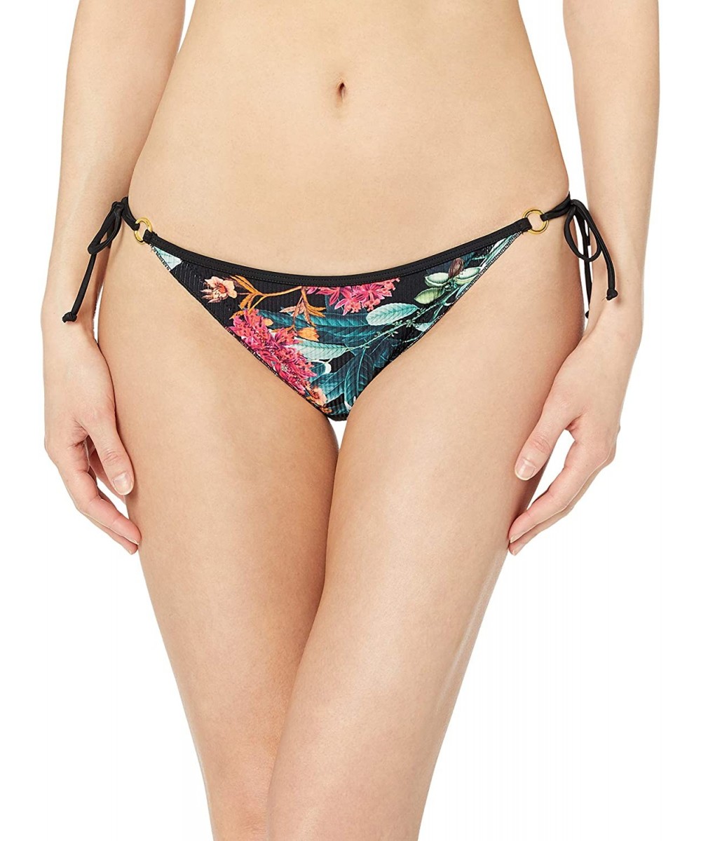 Women's Brasilia Tie Side Cheeky Bikini Bottom Swimsuit - Cleo Black Floral Rib - CY18Q6XN9M2 $47.88-Bottoms