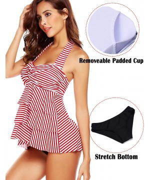 Women's Halter Swimsuit Striped Ruffles Two Piece Tankini with Briefs - Halter Style-red Stripe - C1189XN6TDQ $21.91-Sets