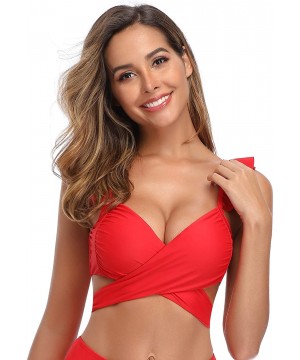 Women's Ruffle Push Up Bikini High Waisted Bottoms Two Piece Swimsuits - Top Only - Rose Red - CF18AKEE7D7 $20.04-Sets