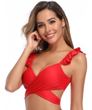 Women's Ruffle Push Up Bikini High Waisted Bottoms Two Piece Swimsuits - Top Only - Rose Red - CF18AKEE7D7 $20.04-Sets