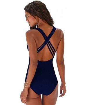 Women's One Piece Tummy Control Swimsuit Front Cross Swimwear Backless Monokini Bathing Suit - Blue B - CH18NQ49O2A $22.96-On...