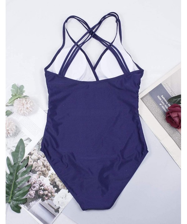 Women's One Piece Tummy Control Swimsuit Front Cross Swimwear Backless Monokini Bathing Suit - Blue B - CH18NQ49O2A $22.96-On...