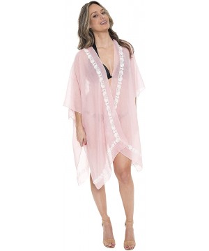 Women's Summer Solid Color Wrap Topper/Cover Up/Kimono Open Front Outwear Beachwear Dress Daisy Flower Edge Jp1628 Pink - C11...