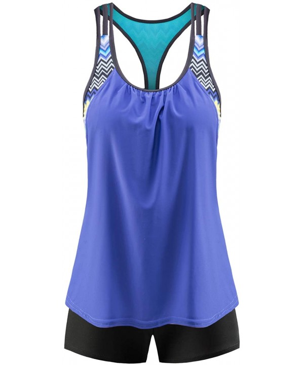 Women 2 Pieces Layered Style Printed Tankini with Boy Short Racerback Swimsuits - 1 T Back-blue - CR18O8LGYQS $30.66-Rash Guards