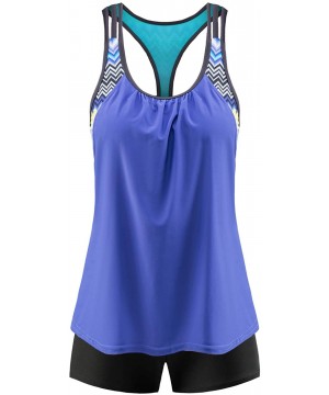 Women 2 Pieces Layered Style Printed Tankini with Boy Short Racerback Swimsuits - 1 T Back-blue - CR18O8LGYQS $30.66-Rash Guards