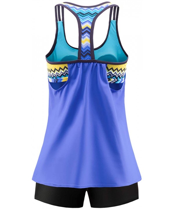 Women 2 Pieces Layered Style Printed Tankini with Boy Short Racerback Swimsuits - 1 T Back-blue - CR18O8LGYQS $30.66-Rash Guards