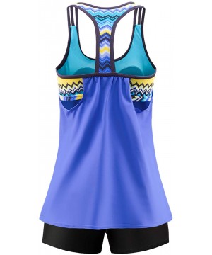 Women 2 Pieces Layered Style Printed Tankini with Boy Short Racerback Swimsuits - 1 T Back-blue - CR18O8LGYQS $30.66-Rash Guards