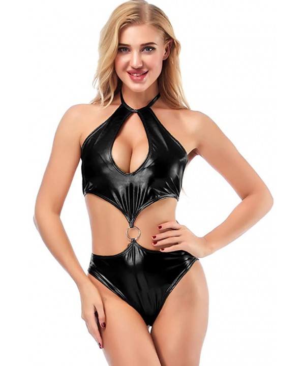 Women's Shiny Metallic PVC One Piece Halter Bodysuit Romper Cut Out Backless Swimsuit Babydoll G-String Lingerie Thongs - Bla...