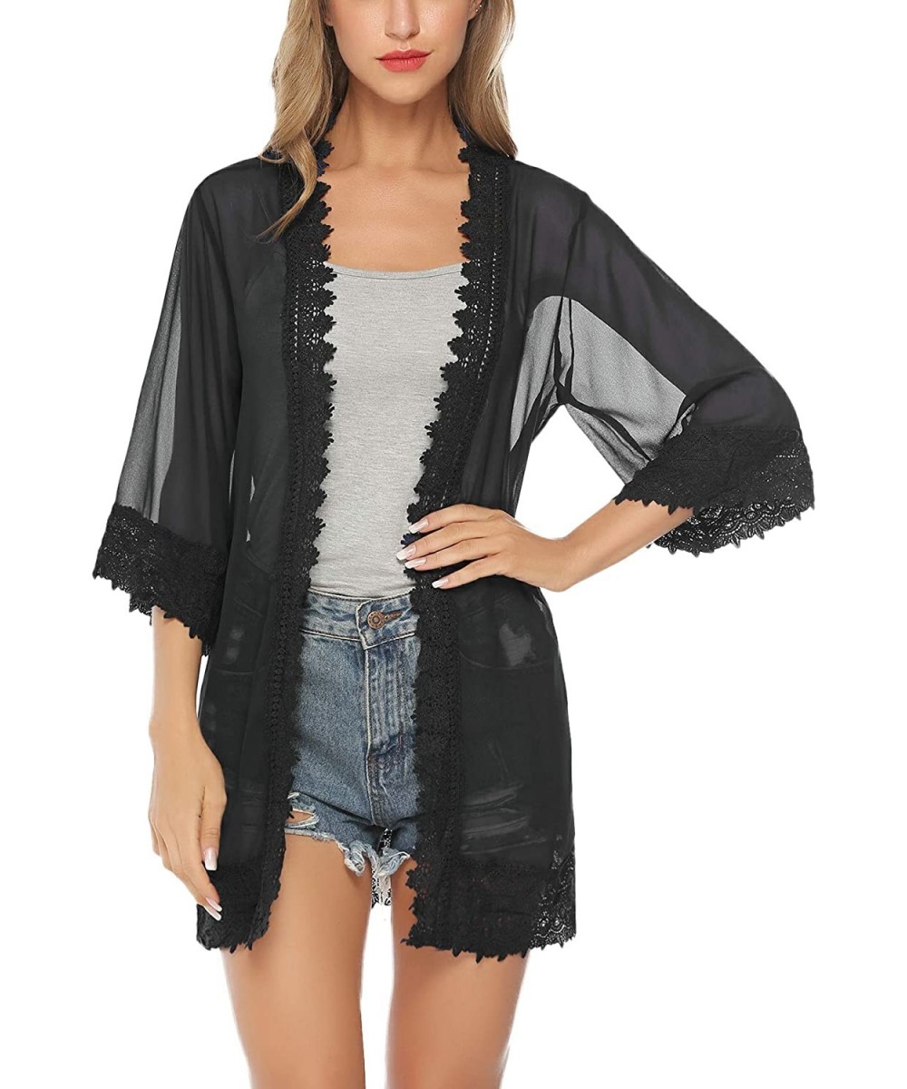 Lace Kimono Cardigan for Women Casual Blouse Chiffon Cover up for Beach Bikini Swimsuit - Black - CM18QELKNXU $20.28-Cover-Ups