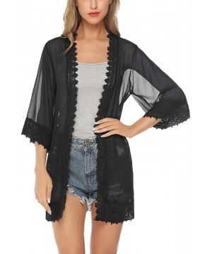 Lace Kimono Cardigan for Women Casual Blouse Chiffon Cover up for Beach Bikini Swimsuit - Black - CM18QELKNXU $20.28-Cover-Ups