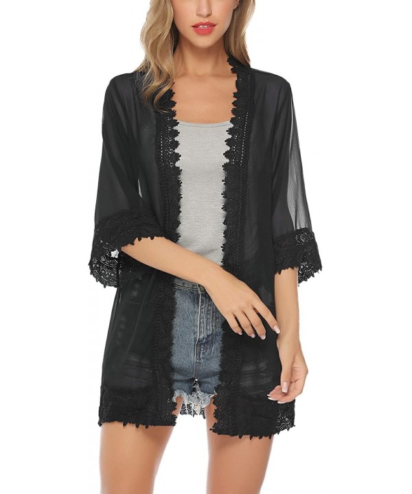 Lace Kimono Cardigan for Women Casual Blouse Chiffon Cover up for Beach Bikini Swimsuit - Black - CM18QELKNXU $20.28-Cover-Ups