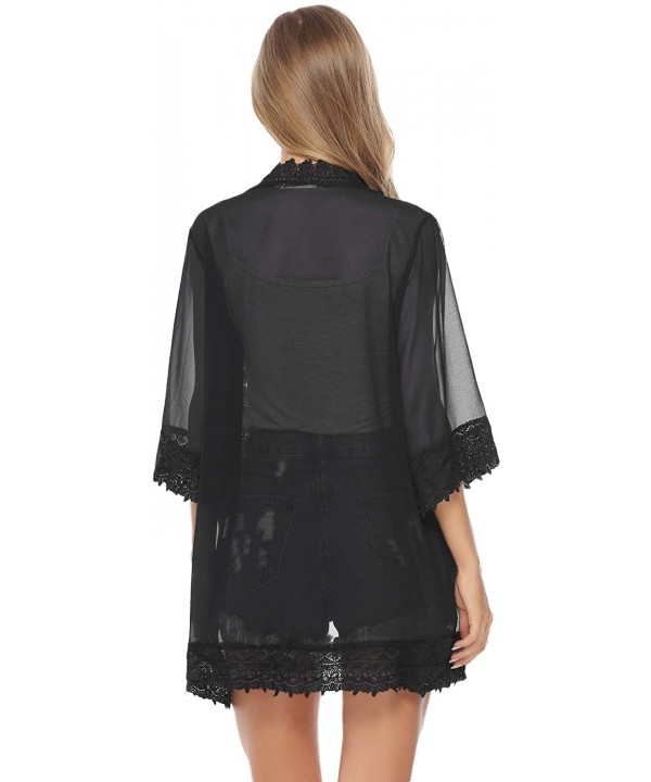 Lace Kimono Cardigan for Women Casual Blouse Chiffon Cover up for Beach Bikini Swimsuit - Black - CM18QELKNXU $20.28-Cover-Ups